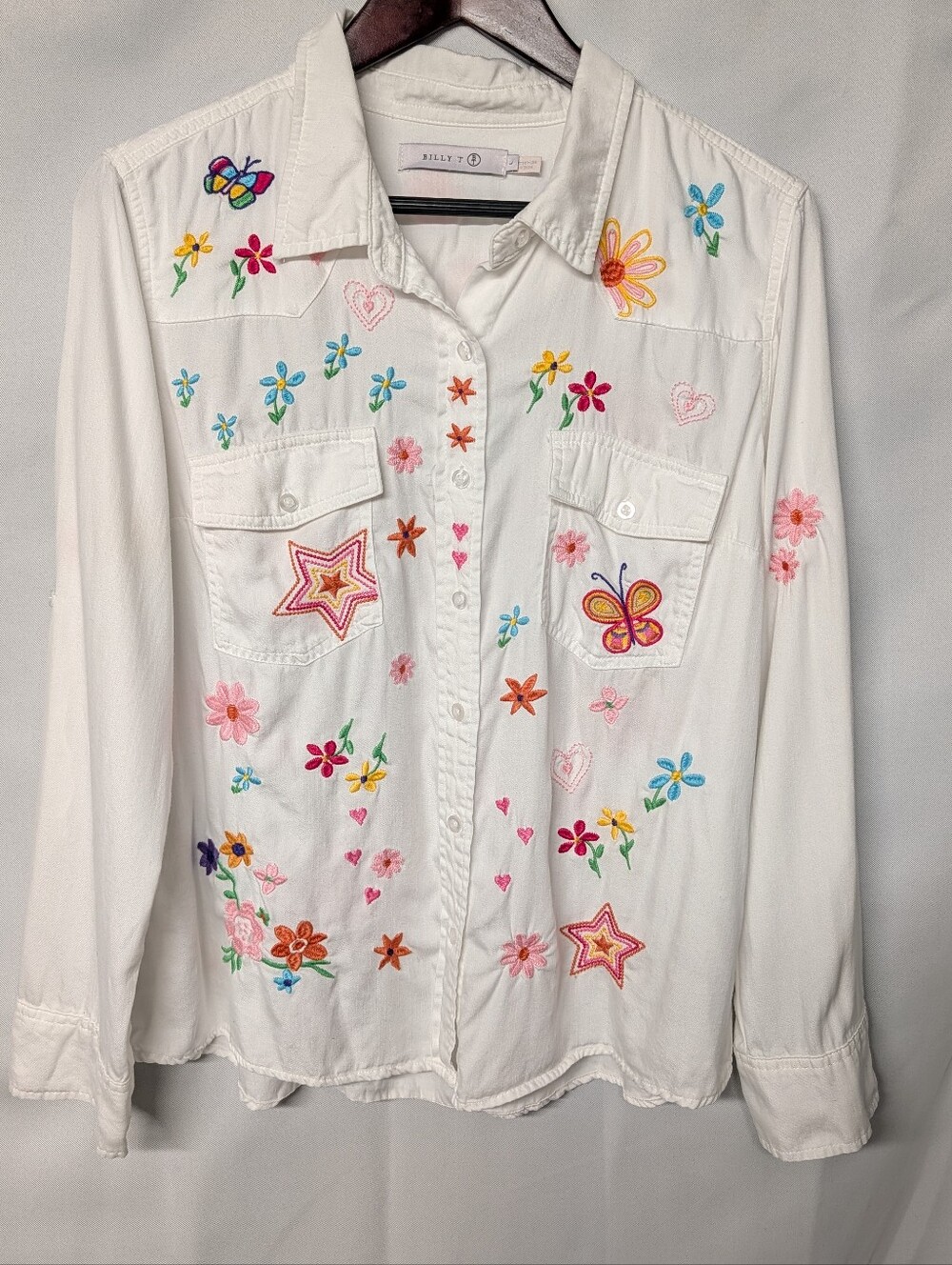 Billy T White Embroidered Floral Star& Butterfly Button-Up Shirt NWOT Size Large